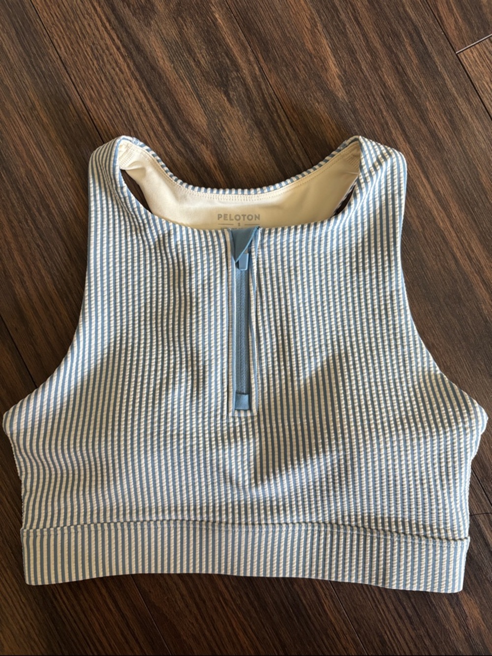 Peloton Light Blue & White Striped Zip Crop Tank